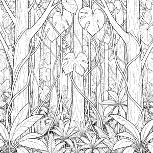Mystischer Regenwald mit Monstera-Blättern Ausmalvorlage für verträumte Pflanzenfreunde