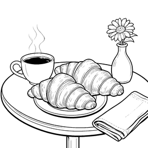 Genießbares Croissant-Frühstück mit Kaffeetasse Malbild für mutige Genießer