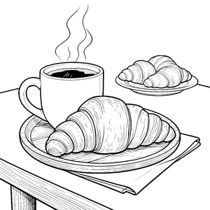 Dampfende Kaffeetasse mit Croissants Ausmalbild für junge Frühstücksgenießer