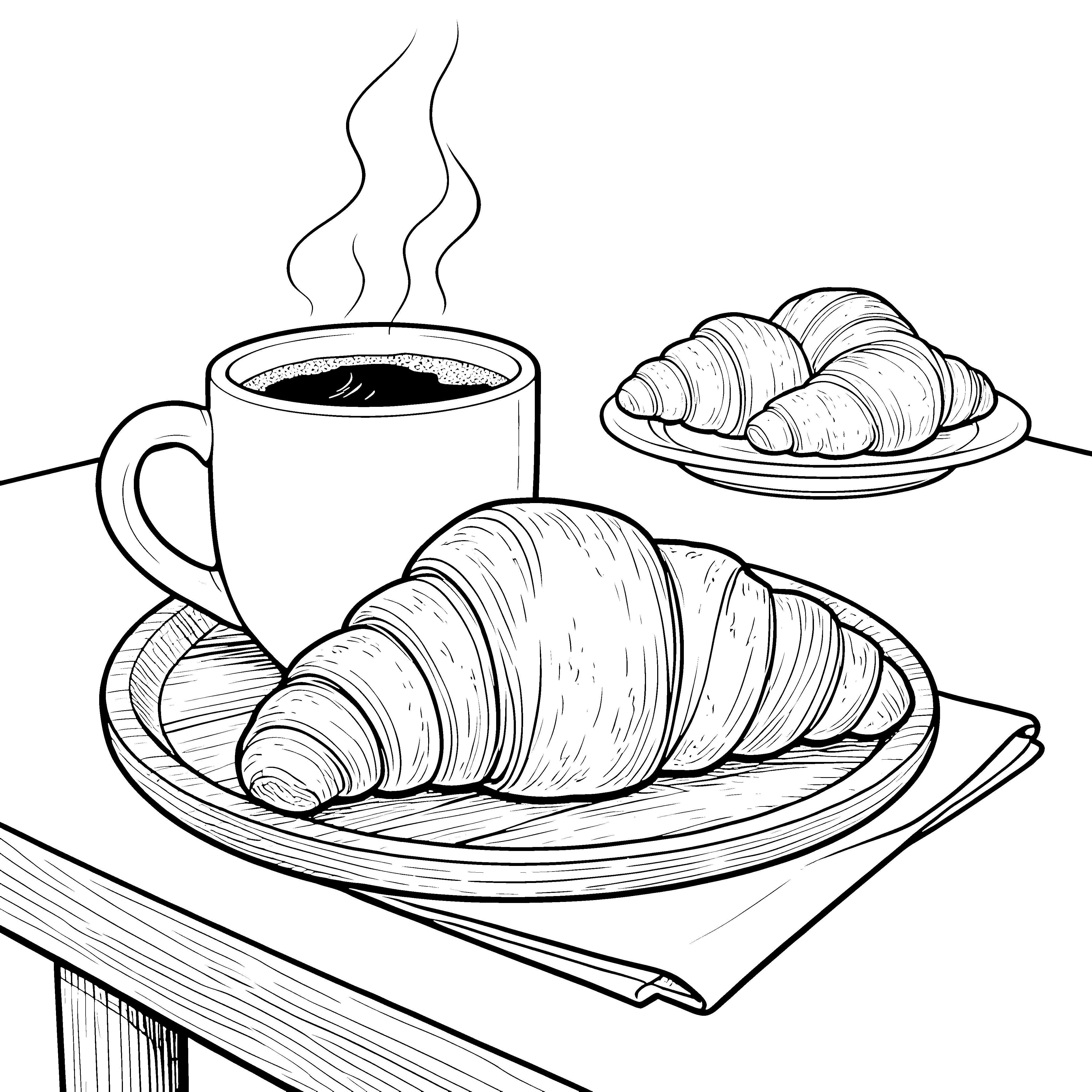 Dampfende Kaffeetasse mit Croissants Ausmalbild für junge Frühstücksgenießer