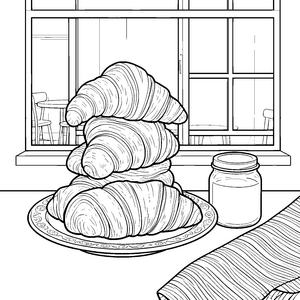Frisch gebackene Croissants auf dem Teller Malbild für junge Backbegeisterte