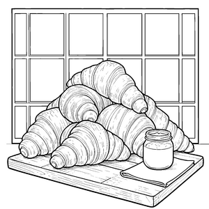Frische Croissants auf dem Holzbrett Ausmalbild für verträumte Frühstücksfreunde