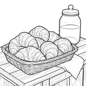 Goldbraune Croissants im Korb Ausmalbild für malfreudige Frühstücksfanatiker