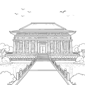 Erhabener Tempel mit Brücke Malbild für fröhliche Wasserforscher