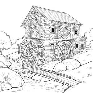Rustikale Wassermühle mit Holzbrücke Bastelvorlage für kreative Wasserforscher