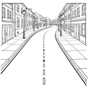 Belebte Straße mit Häuserzeile Malvorlage für junge Stadtforscher