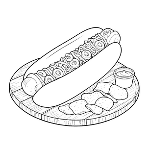 Appetitliches Hotdog mit Pommes Ausmalvorlage für neugierige Feinschmecker