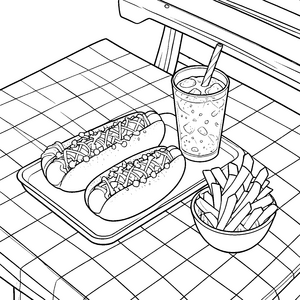 Leckere Hotdogs mit Pommes Ausmalbild für Grillfreunde