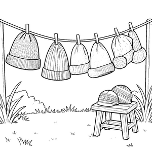 Bunte Strickmützen an der Wäscheleine Ausmalvorlage für neugierige Winterfreunde