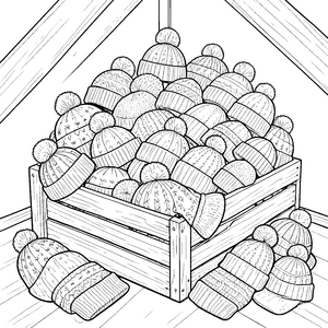 Gemütliche Strickmützen in der Holzkiste Ausmalvorlage für Winterbegeisterte
