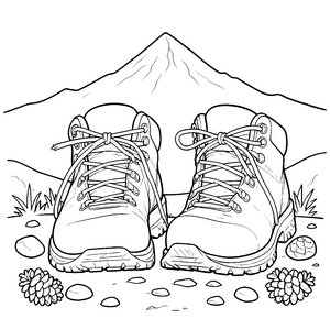 Abenteuerliche Wanderschuhe vor Bergen Malvorlage für fröhliche Bergsteiger