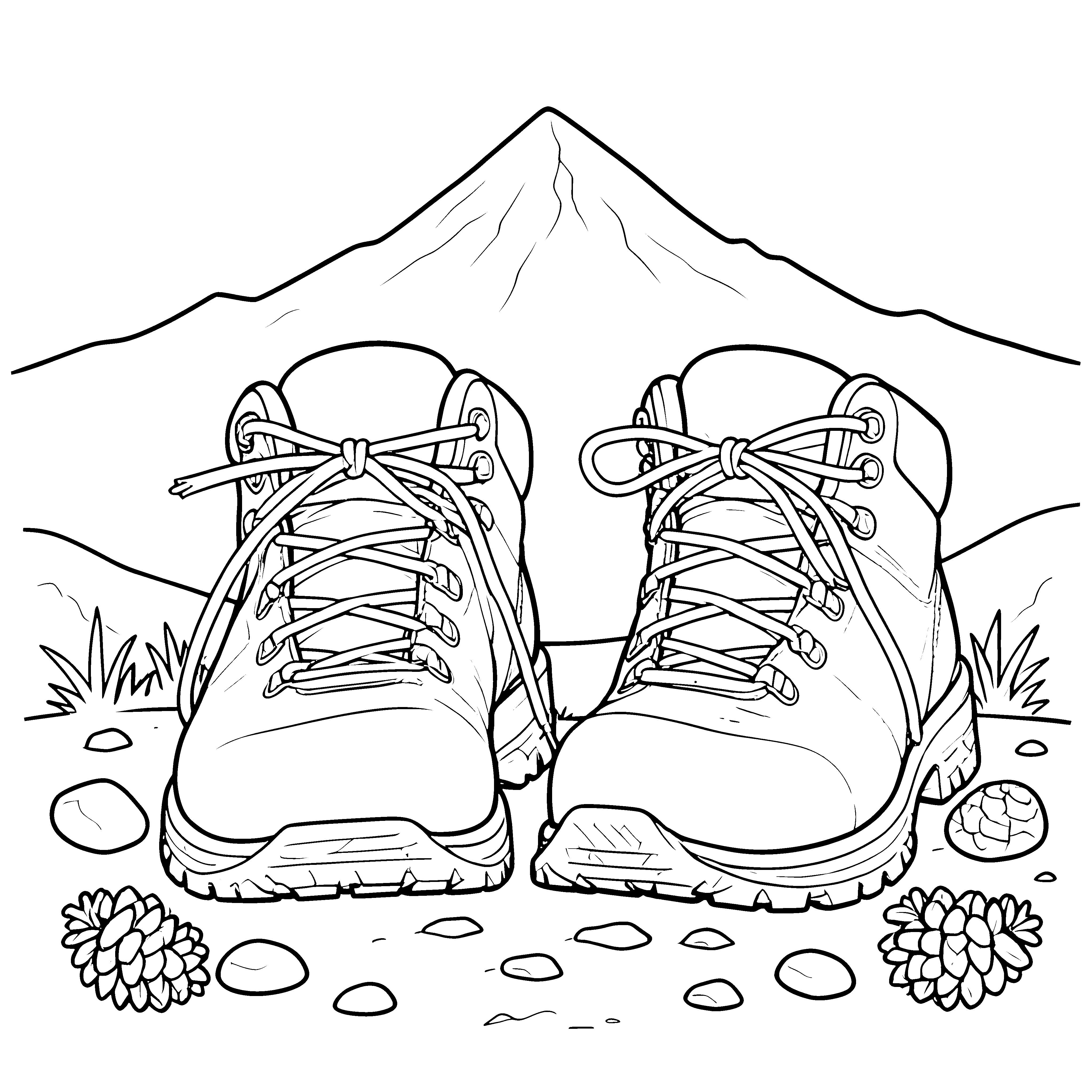 Abenteuerliche Wanderschuhe vor Bergen Malvorlage für fröhliche Bergsteiger