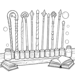 Magische Zauberstäbe auf Büchern Malbild für kleine Buchwürmer