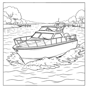 Dynamisches Motorboot mit Bugwelle Malbild für neugierige Seenomaden