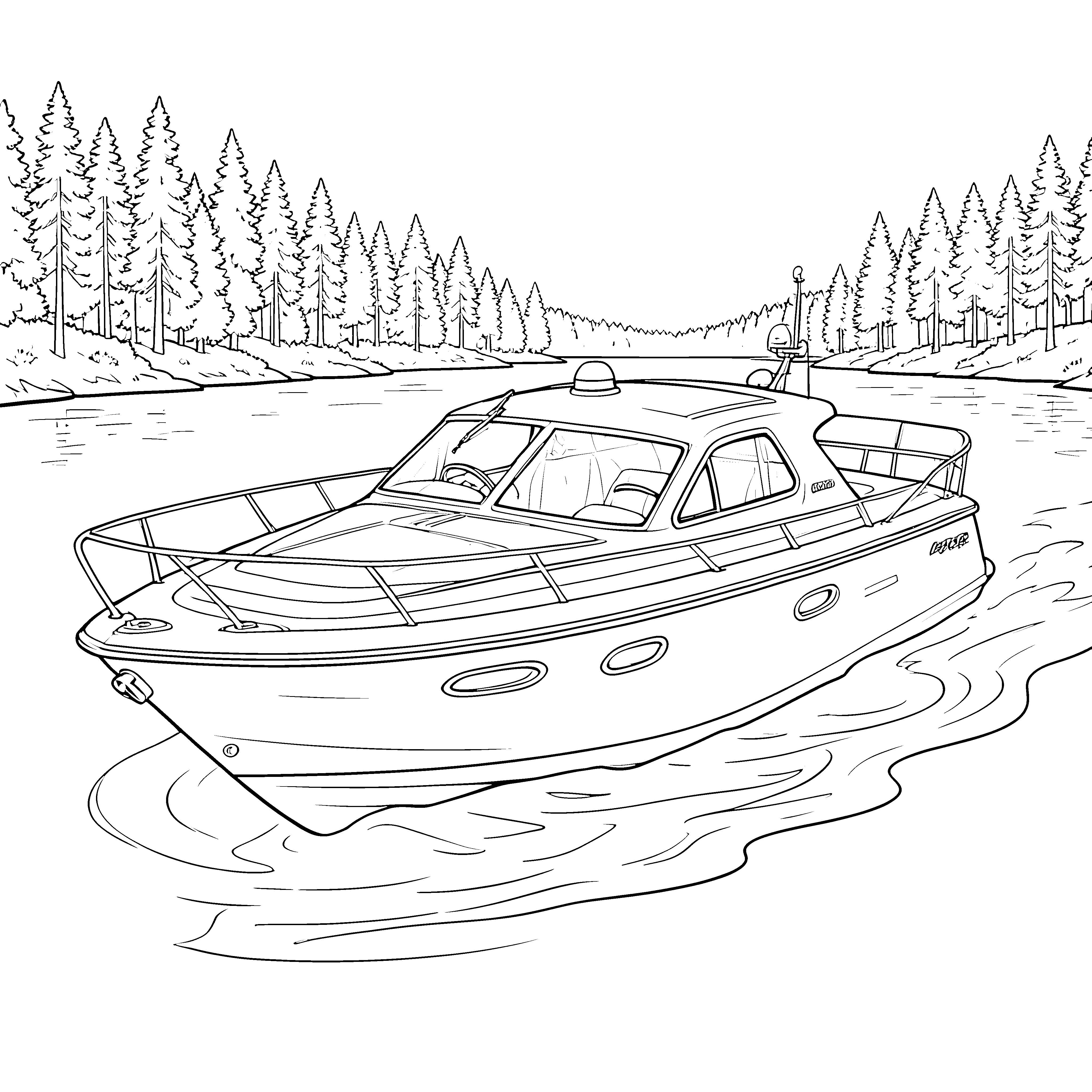 Schnelles Motorboot am Waldsee Malvorlage für kleine Seenautisten