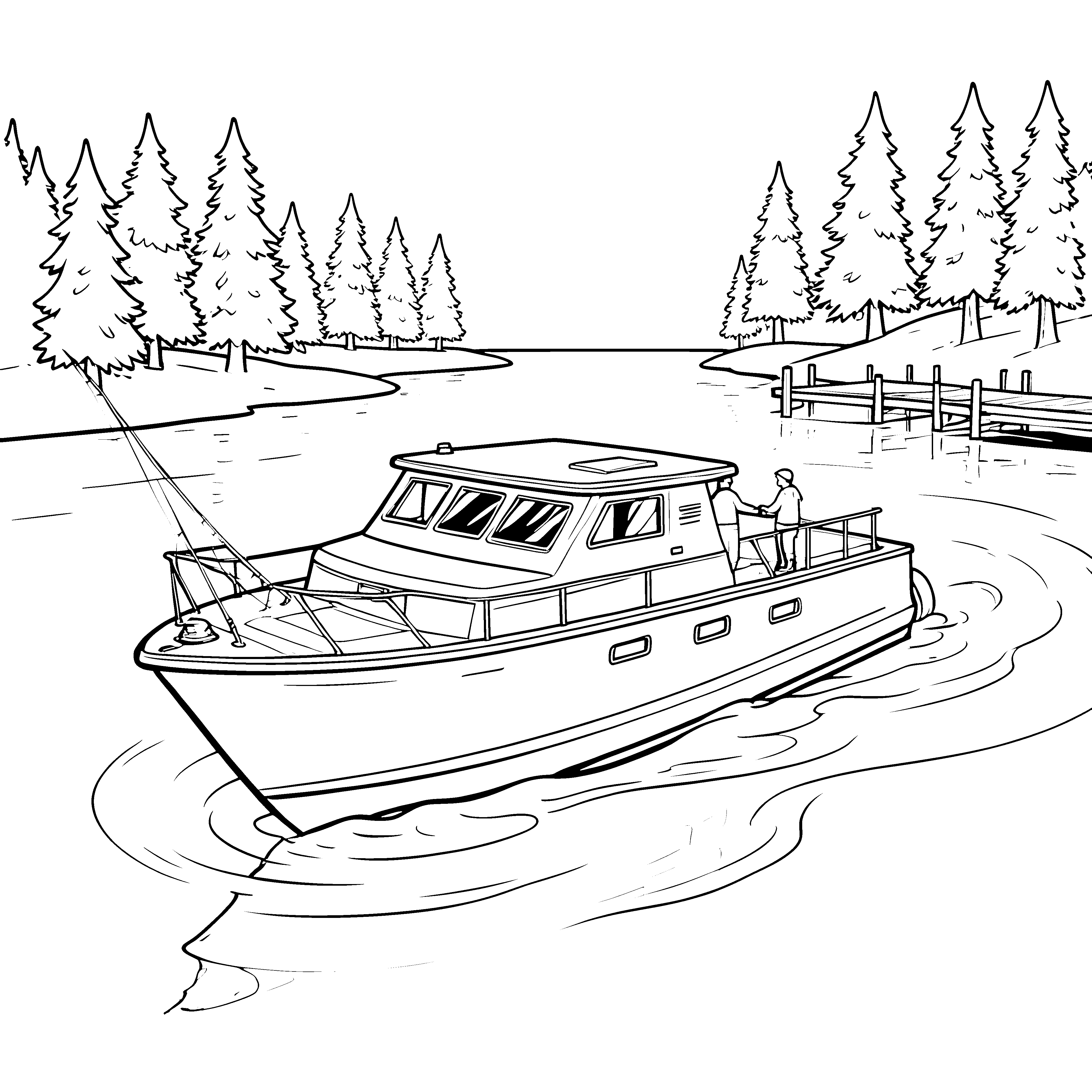 Abenteuerliches Motorboot mit Angelrute Ausmalbild für mutige Wasserritter