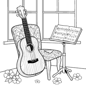Harmonische Ukulele am Notenständer Bastelvorlage für fröhliche Musikliebhaber