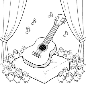 Magische Ukulele mit kleinen Vögeln Ausmalvorlage für mutige Vogelfreunde