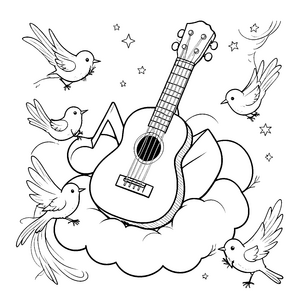 Traumhafte Ukulele auf Wolke mit Vögeln Bastelmotiv für neugierige Himmelbummler