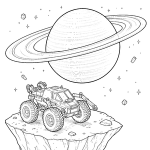 Abenteuerlicher Saturn mit Geländefahrzeug Ausmalvorlage für neugierige Felsentuffe