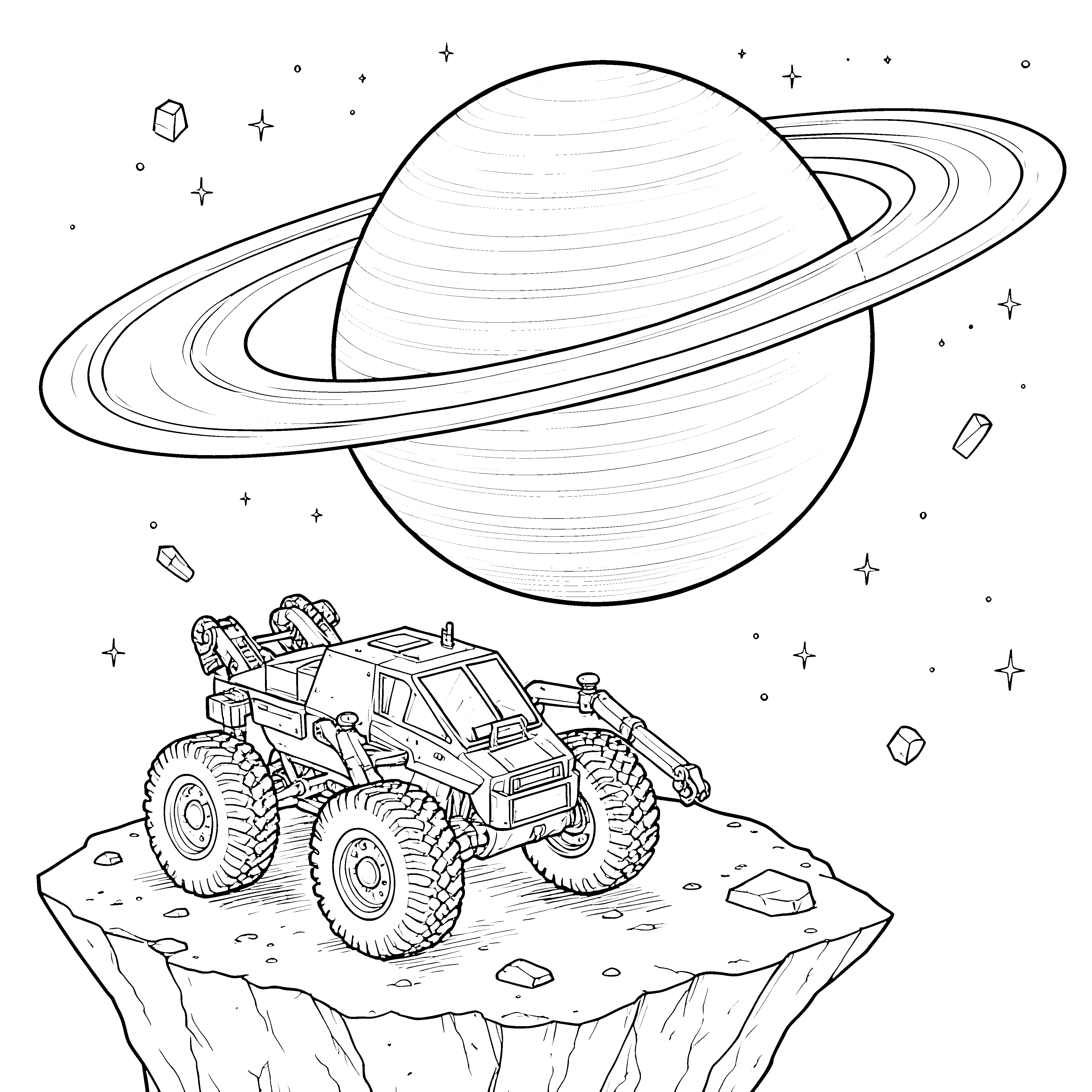 Abenteuerlicher Saturn mit Geländefahrzeug Ausmalvorlage für neugierige Felsentuffe