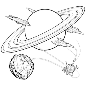 Abenteuerlicher Saturn mit Raumsonde Bastelmotiv für kleine Weltraumfahrer