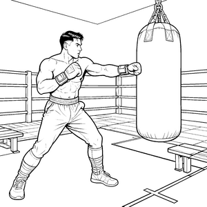 Dynamischer Kickboxer am Sandsack Malbild für junge Kampfsportler