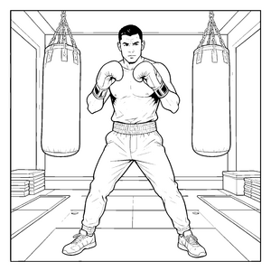 Starker Kickboxer mit Sandsäcken Bastelvorlage für junge Sportler