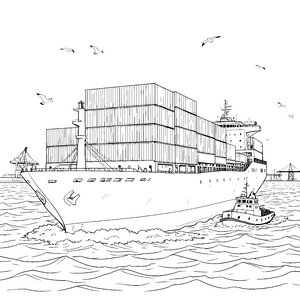 Gigantisches Containerschiff mit Begleitschiff Bastelmotiv für Hafenfreunde