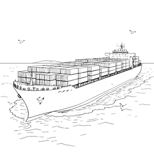Stolzes Containerschiff mit Vögeln Ausmalbild für kreative Wellenreiter