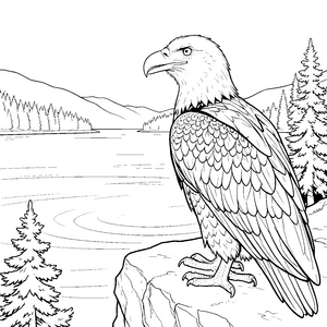 Wachsame Weißkopfseeadler am Seeufer Malvorlage für neugierige Waldläufer