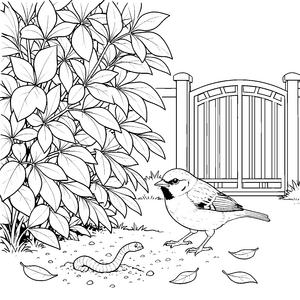 Neugieriger Spatz am Wurm Malbild für fröhliche Gartenfreunde