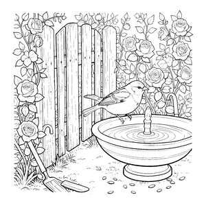 Durstiger Spatz am Brunnen Ausmalvorlage für kleine Naturfreunde