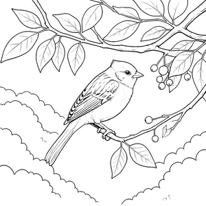 Bezauberter Spatz an Beerenstrauch Ausmalbild für verträumte Waldkinder