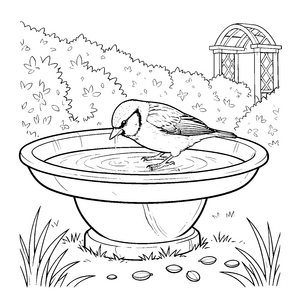 Durstiger Spatz im Vogelbad Bastelmotiv für Wasserspieler
