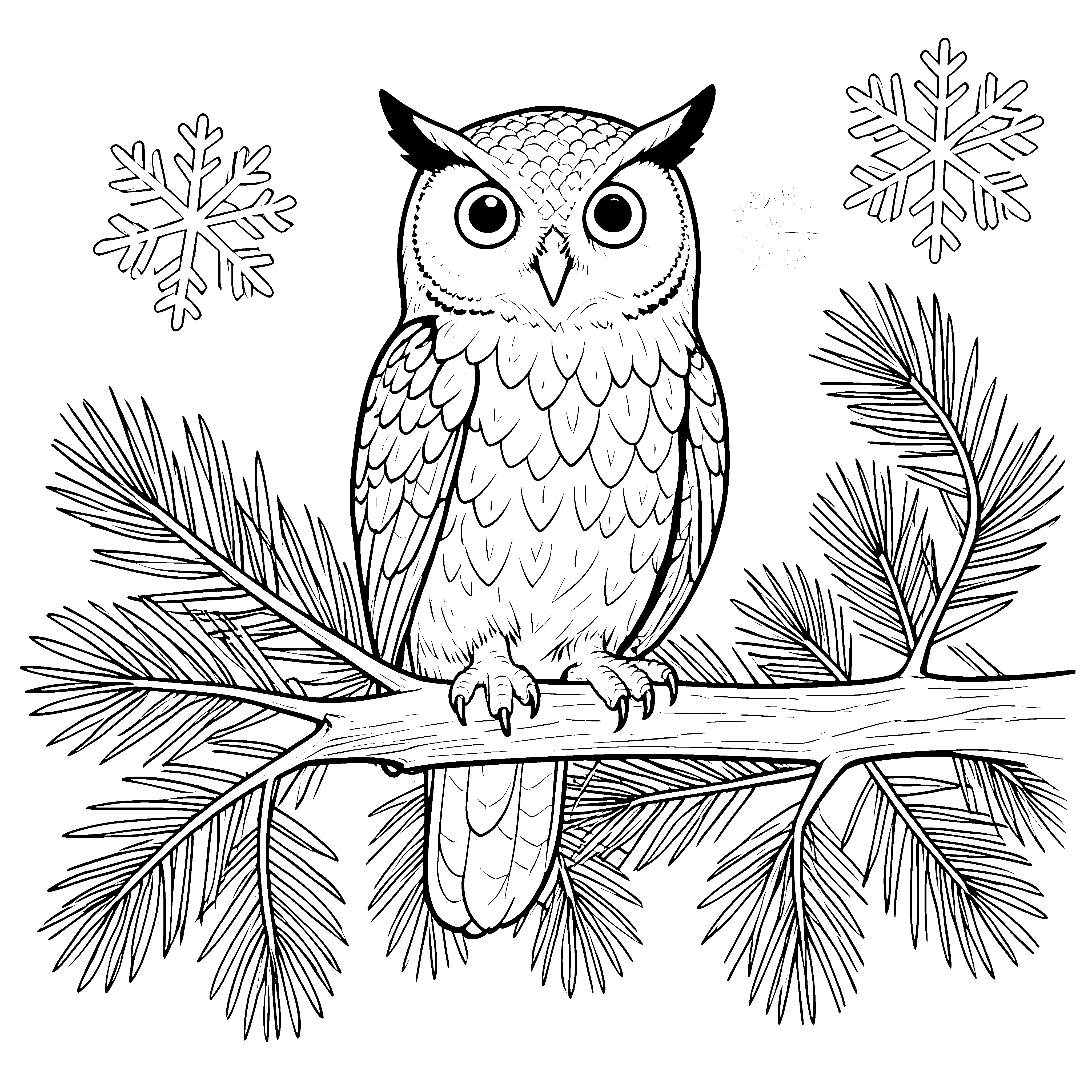 Wachsame Schneeeule auf Tannenzweig Bastelvorlage für kreative Winterkinder
