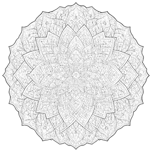 Prächtiges Blumenmandala mit geometrischen Schichten Ausmalbild für malfreudige Symmetrieliebhaber