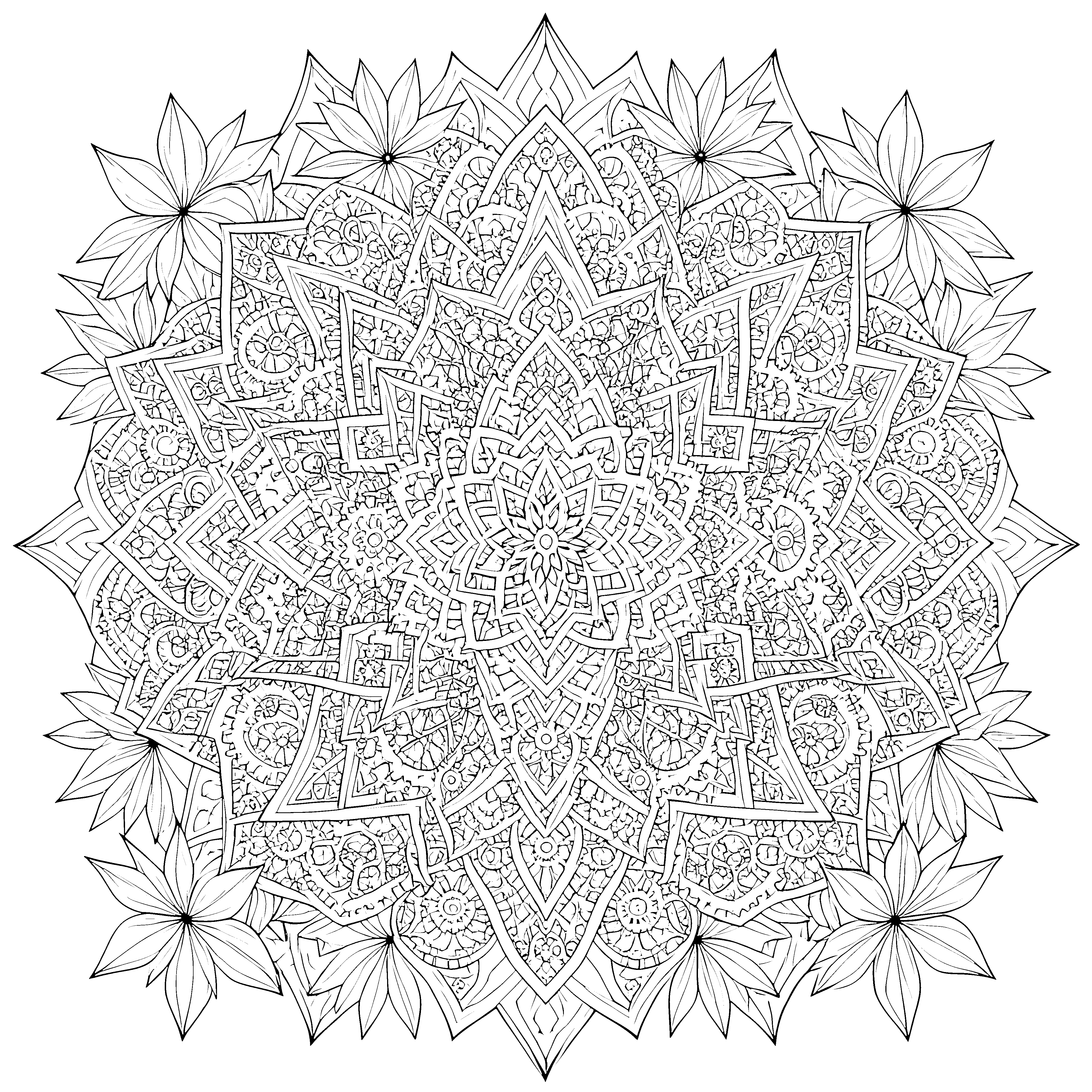 Detailreiches Blumenmandala mit feinen Linien Ausmalbild für junge Musterforscher