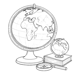 Große Weltkugeln mit Buch und Lupe Bastelmotiv für kleine Geographiefreunde