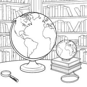 Spektakuläre Weltkugeln mit Bücherstapel Ausmalvorlage für neugierige Bibliotheksfreunde