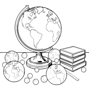 Abwechslungsreiche Weltkugeln mit Büchern Ausmalbild für kleine Schulfreunde