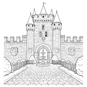 Imposante Burg mit Wappen Malvorlage für kreative Burgenbauer