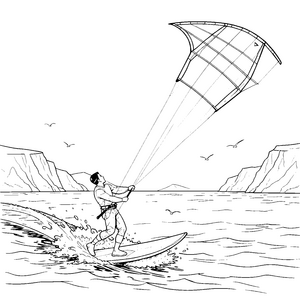 Dynamischer Kitesurfer bei Klippen Ausmalbild für junge Meeresforscher