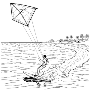 Abenteuerlicher Kitesurfer am Palmenstrand Bastelvorlage für verträumte Wellenreiter