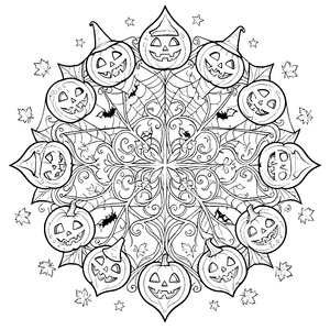 Filigranes Kürbis-Mandala mit Fledermäusen Ausmalvorlage für verträumte Nachtschwärmer