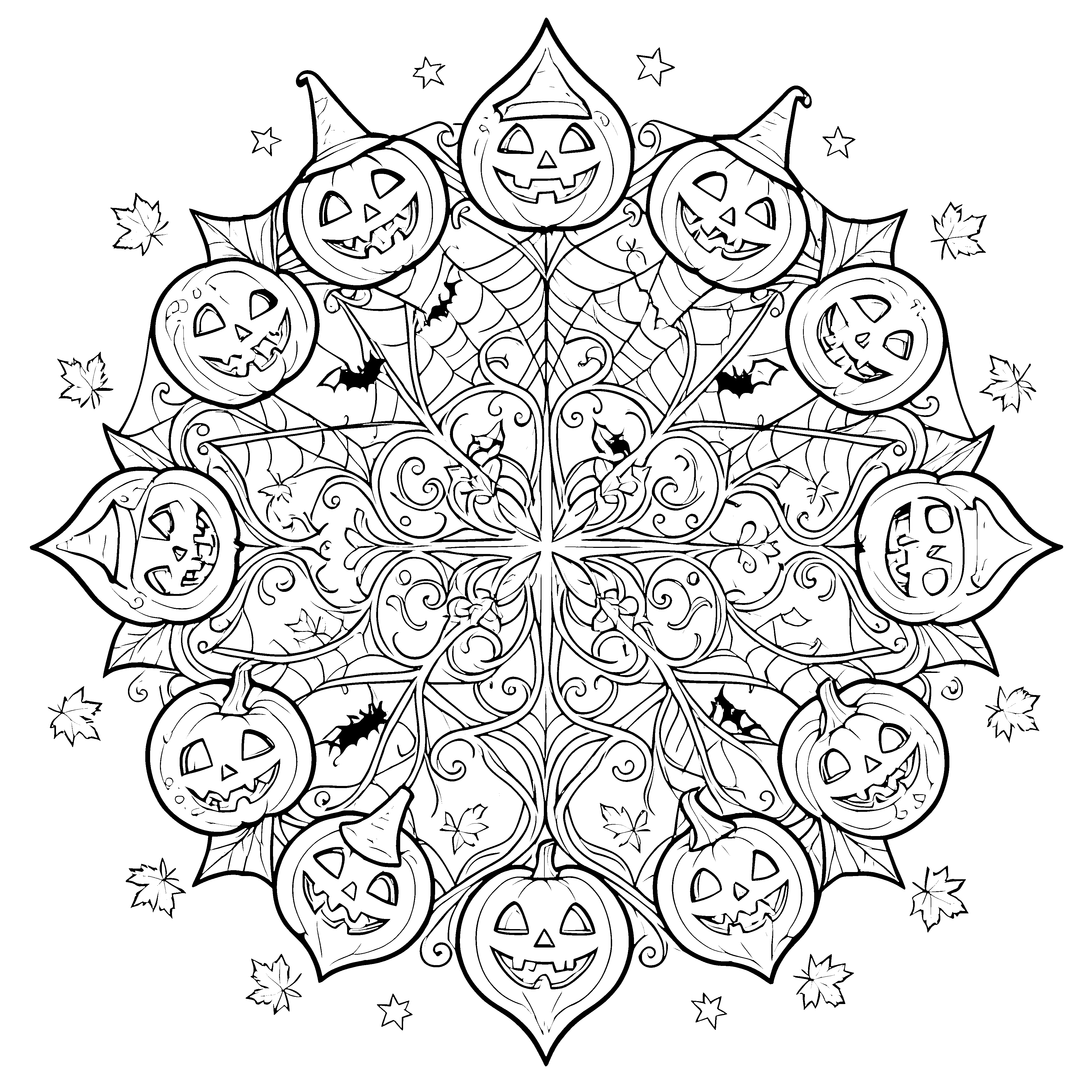 Filigranes Kürbis-Mandala mit Fledermäusen Ausmalvorlage für verträumte Nachtschwärmer