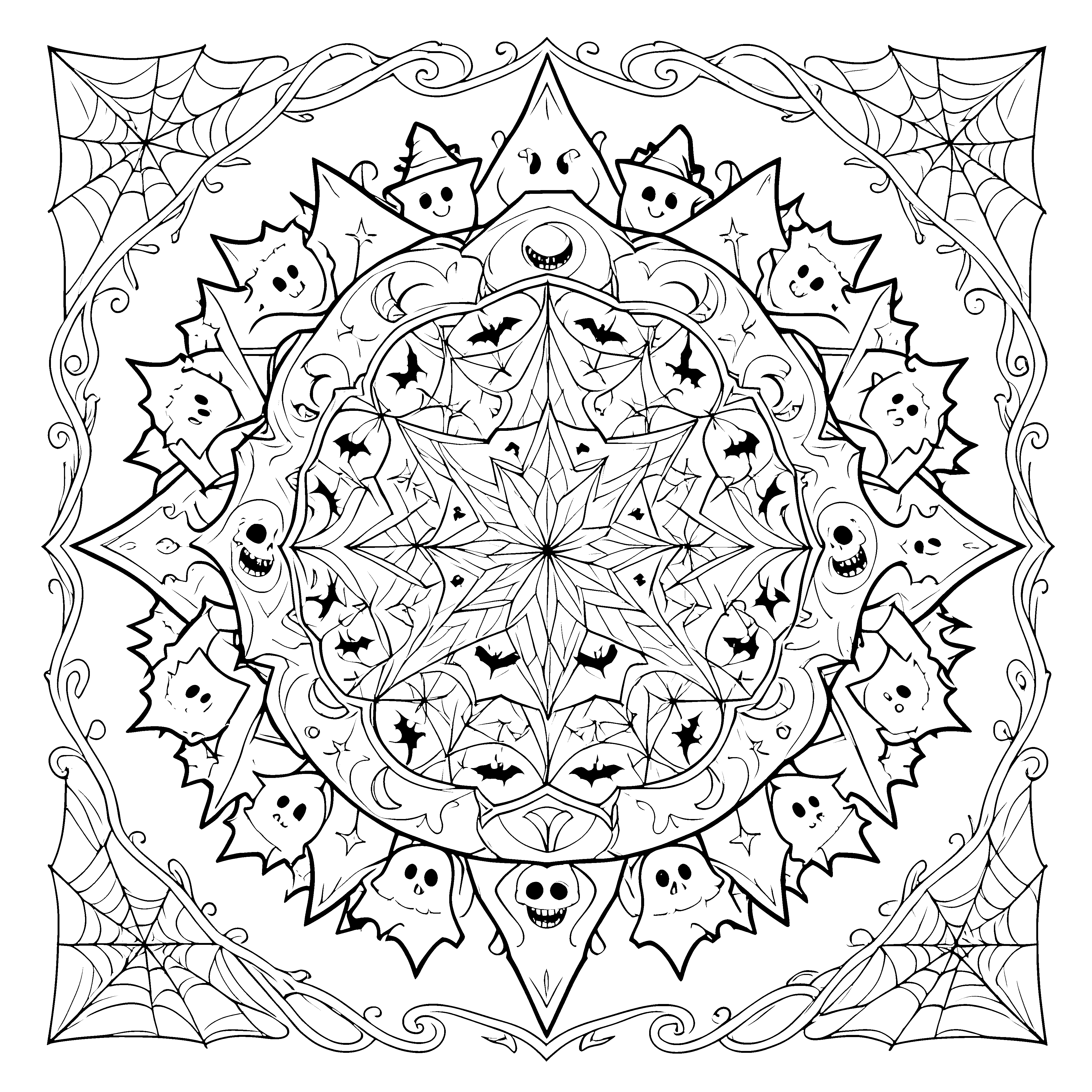 Mystisches Totenkopf-Mandala Malvorlage für neugierige Gruselpfunde