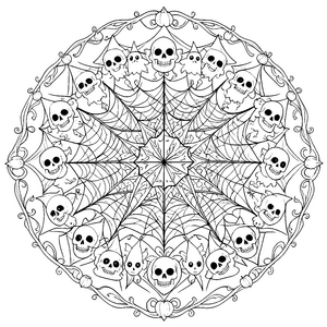 Symmetrisches Spinnennetz-Mandala mit Totenköpfen Bastelvorlage für junge Gruselbegeisterte
