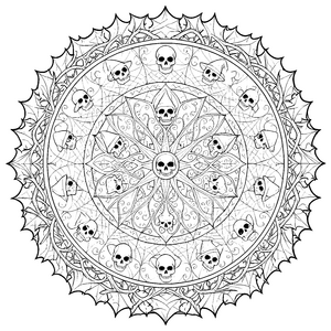 Symmetrisches Totenkopf-Mandala mit Ranken Bastelmotiv für malfreudige Gruselbegeisterte