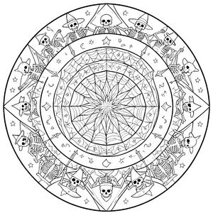 Geheimnisvolles Spinnennetz-Mandala mit Skeletten Ausmalbild für mutige Gruseljäger
